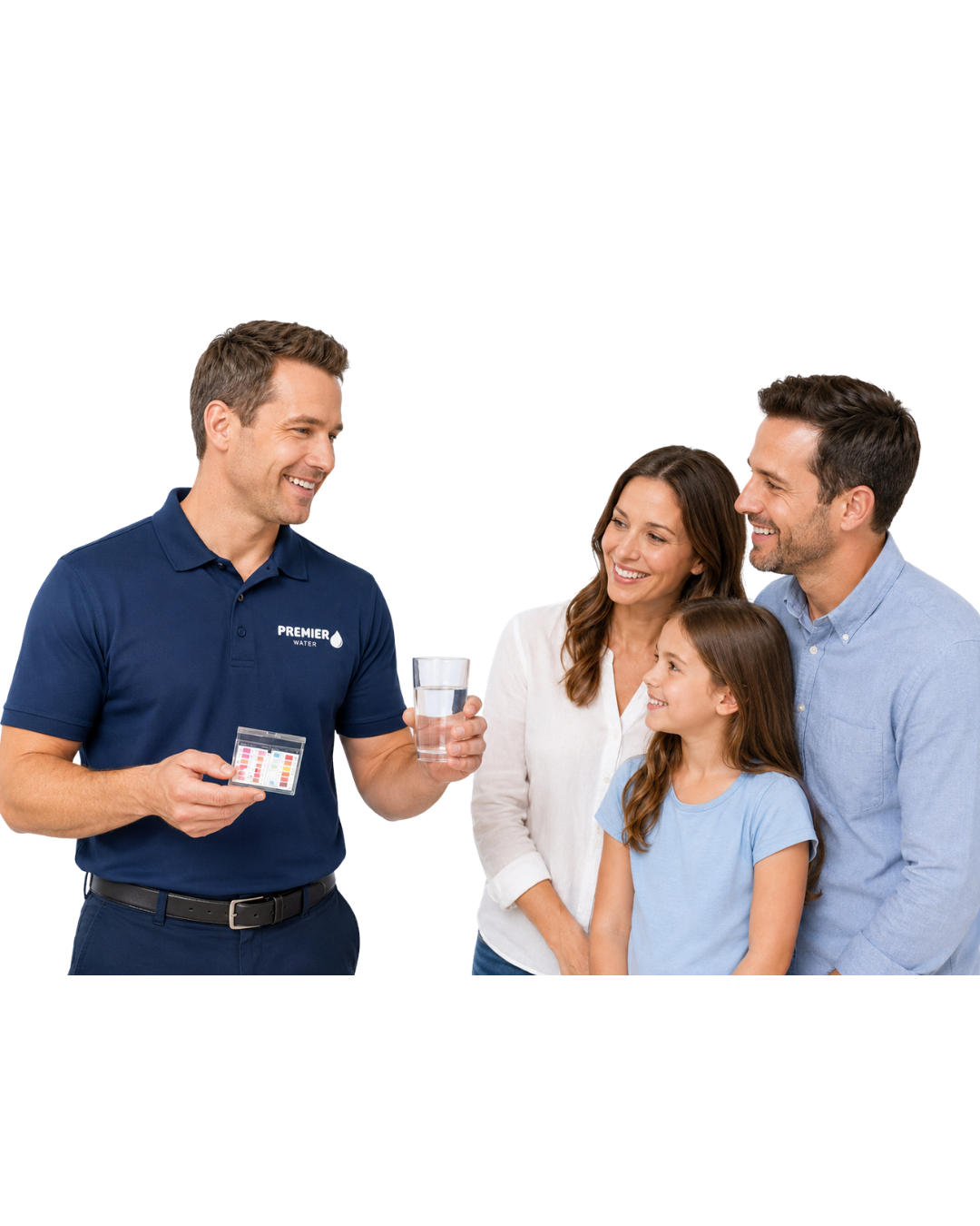 Premier Water technician discussing water quality with a happy local family